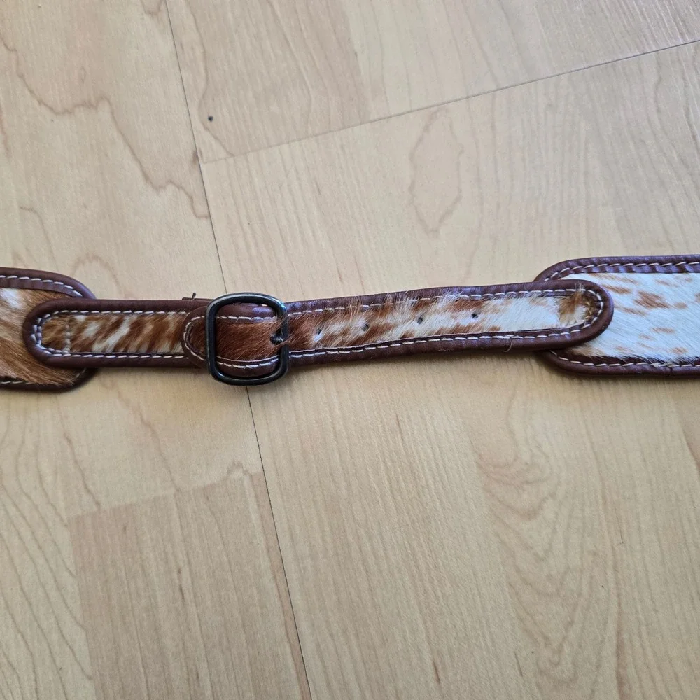 Western Calf Hair Faux‎ Leather Belt with Pouches Tan White Silver Buckle 32in